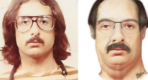 John Kelly Gentry, Jr. in a 1982 booking photo beside a computer generated image of what he could look like today.