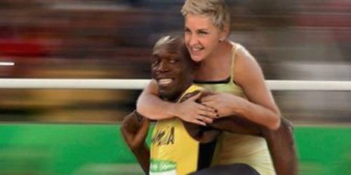 Photoshopped picture tweeted by Ellen DeGeneres. She is riding Olympian Usain Bolt's back.