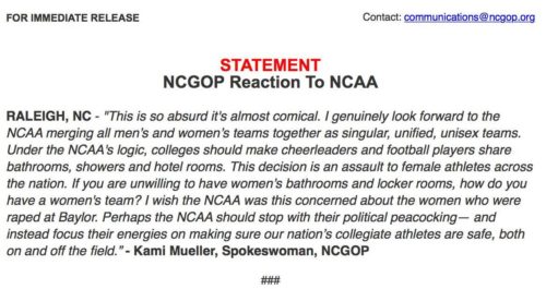 Official statement from the North Carolina GOP after the NCAA announced it would pull all championship games from the state over anti-LGBT laws.
