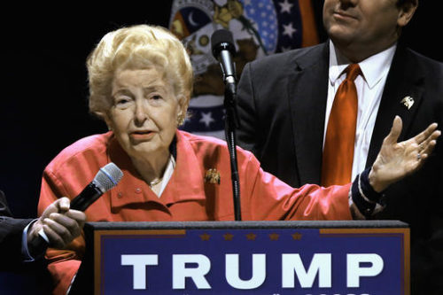FILE In this March 11, 2016 file photo, longtime conservative activist Phyllis Schlafly endorses Republican presidential candidate Donald Trump before Trump begins speaking at a campaign rally in St. Louis. Schlafly, who helped defeat the Equal Rights Amendment in the 1970s and founded the Eagle Forum political group, has died at age 92. The Eagle Forum announced her death in a statement Monday, Sept. 5, 2016.