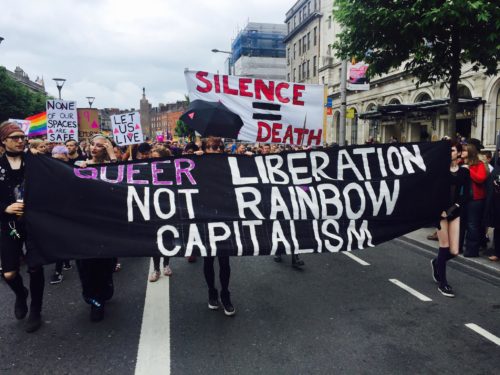 Queer bloc protests against rainbow capitalism during Dublin Pride 2016.