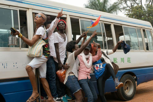 Members of Uganda's gay and transgender community yell "we want peace" after police forced them to leave the gay pride festival in Entebbe, Uganda, Saturday, Sept. 24, 2016. Ugandan police on Saturday prevented organizers from holding a gay pride parade on the orders of a government minister who said such an event is illegal.