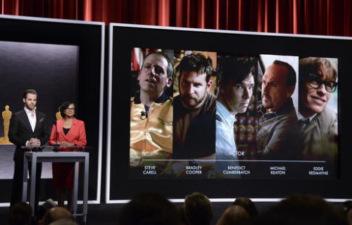 FILE - In this Thursday, Jan. 15, 2015 file photo, Chris Pine, left, and Academy President Cheryl Boone Isaacs announce the Academy Awards nominees for best actor in a leading role at the 87th Academy Awards nomination ceremony in Beverly Hills, Calif. A report to be released Wednesday, Sept. 7, 2016 by the Media, Diversity and Social Change Initiative at the University of Southern California's Annenberg School for Communication and Journalism finds little evidence of Hollywood improving in the diversity of its movie characters or directors.
