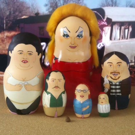 Russian nesting dolls featuring characters from the John Waters movie, "Pink Flamingos"