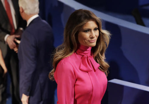 Melania Trump, wife of Donald Trump, arrives before the second presidential debate between Republi can presidential nominee Donald Trump and Democratic presidential nominee Hillary Clinton at Washington University in St. Louis, Sunday, Oct. 9, 2016.