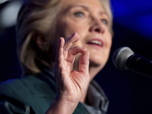 It's not clear exactly what Hillary Clinton is doing with her fingers but it could be she's sizing up Donald Trump's chances.