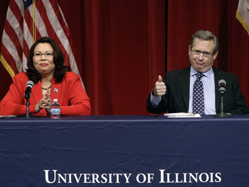 Republican U.S. Sen. Mark Kirk, right, and Democratic U.S. Rep. Tammy Duckworth, left, face off in their first televised debate on Oct. 27, 2016