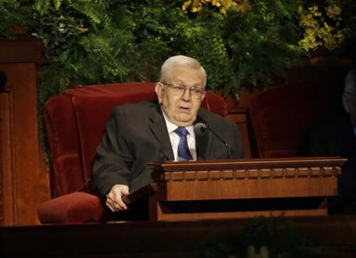 FILE - In this April 6, 2014, file photo, Mormon leader Boyd K. Packer, president of the Quorum of Twelve Apostles, of The Church of Jesus Christ of Latter-day Saints, addresses the 184th Annual General Conference of The Church of Jesus Christ of Latter-day Saints, in Salt Lake City. In 15 videos posted online Sunday, Oct. 2, 2016, during the final day of the religion's twice-yearly conference, Mormon leaders discussed concerns about the growth of the gay rights movement and heard from a former U.S. senator and church member who tells them the Iraq war could open the door for new converts, according to the footage that pulls back the curtain on a religion that is closely guarded about its inner workings.