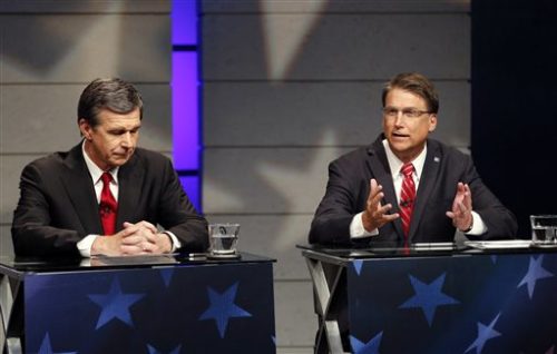 Candidates for Governor of North Carolina Democrat Roy Cooper, left, and Republican Gov. Pat McCrory, right, debate at WRAL studios in Raleigh NC on Tuesday, Oct. 18, 2016.