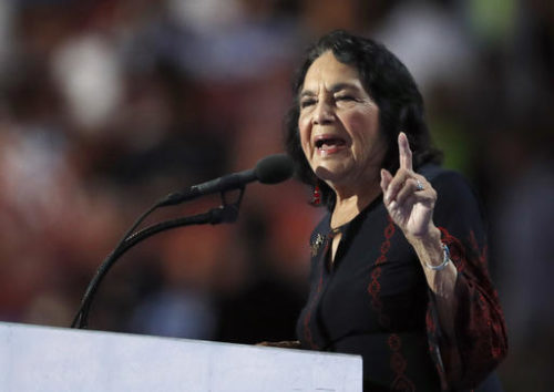 FILE - In this July 28, 2016 file photo, civil rights leader Dolores Huerta speaks during the final day of the Democratic National Convention in Philadelphia. As the election of Donald Trump sets in, some dispirited black and Latino liberal activists are looking to veterans of the Civil Rights Movements on how to respond to strong disappointment amid uncertainty over voting rights, immigration reform and police shootings.