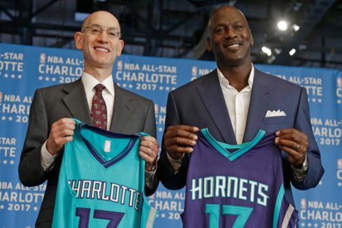 NBA commissioner Adam Silver and Charlotte Hornets owner Michael Jordan announcing the site of the 2017 All-Star Game.