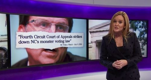 Samantha Bee takes down Gov. Pat McCrory, whose state's voter laws were struck down due to their targeting of black voters. samantha bee pat mccrory