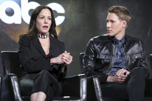 Mary-Louise Parker, left, and Dustin Lance Black speak at the "When We Rise" panel at the Disney/ABC portion of the 2017 Winter Television Critics Association press tour on Tuesday, Jan. 10, 2017, in Pasadena, Calif.