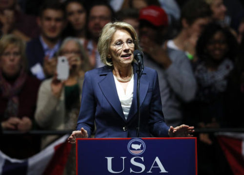 FILE - In this Dec. 9, 2016 file photo, Education Secretary-designate Betsy DeVos speaks in Grand Rapids, Mich. DeVos, Trump’s choice for education secretary, has spent over two decades advocating for school choice programs, which give students and parents an alternative to traditional public school education. Her confirmation hearing was scheduled for Jan. 17.