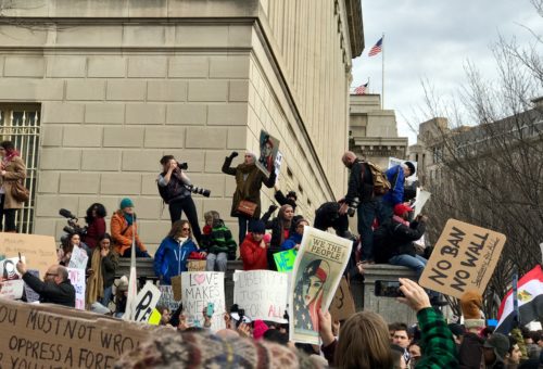 Protestors demonstrate against President Trump's anti-Muslim immigration executive order.