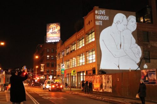 Donald Trump and Vladimir Putin share an embrace. trump putin art
