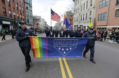 FILE - In this March 20, 2016 file photo, members of OutVets, a group of gay military veterans, march in the annual St. Patrick's Day Parade in Boston's South Boston neighborhood. The group said Wednesday, March 8, 2017, it was denied permission to march in the 2017 Boston St. Patrick's Day parade just two years after organizers made the ground-breaking decision to allow gay groups to participate for the first time.