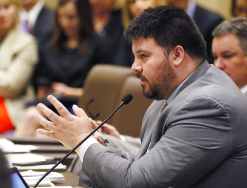 FILE - In this Feb. 22, 2017 file photo, Oklahoma state Sen. Ralph Shortey, R-Oklahoma City, speaks during a Senate committee meeting in Oklahoma City. The Oklahoma Senate has voted to punish Shortey, who police say was found with a teenage boy in a motel room. Police officials in the Oklahoma City suburb of Moore are still investigating the circumstances surrounding an incident last week involving Sen. Shortey and a teenager. No charges have been filed.