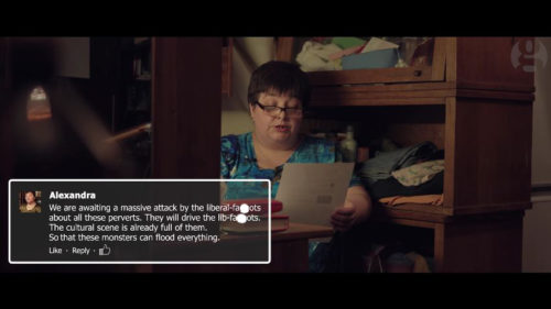 Homophobic troll reads her hateful comment in the documentary "The Internet Warriors." homophobic troll