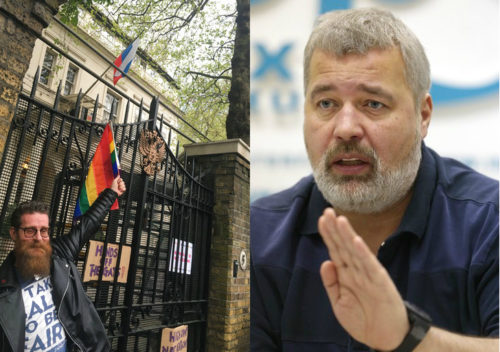 Left: A man poses outside the Russian Embassy in London, following reports of alleged torture and murder of gay men in Chechnya, Wednesday April 12, 2017. Right: In this Tuesday, Dec. 11, 2012 file photo, Dmitry Muratov, the editor of Novaya Gazeta, speaks during a news conference in Moscow, Russia.