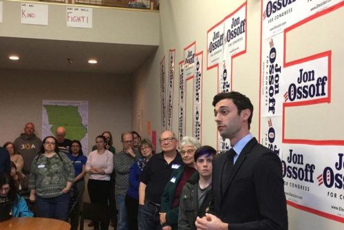 In this photo taken March 11, 2017, Georgia Democratic congressional candidate Jon Ossoff speaks to volunteers in his Cobb County campaign office. Jon Ossoff