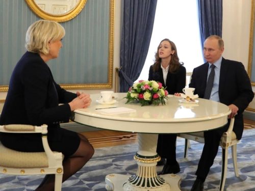 Marine Le Pen meeting with Vladimir Putin in March 2017. Rumors about financial support for her campaign from Russia have remained unconfirmed.