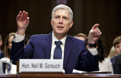 FILE - In this March 22, 2017, file photo, Supreme Court Justice nominee Judge Neil Gorsuch testifies on Capitol Hill in Washington, at his confirmation hearing before the Senate Judiciary Committee.