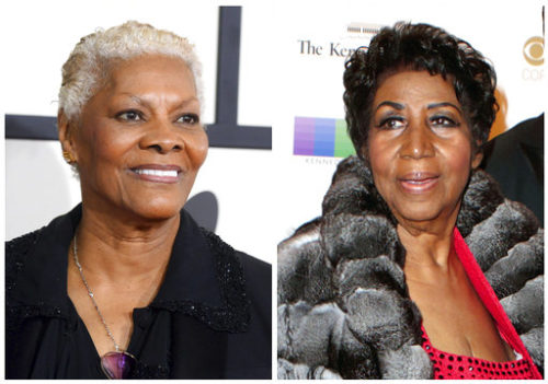 FILE - In this combination photo, singer Dionne Warwick arrives at the 56th annual GRAMMY Awards on Jan. 26, 2014, in Los Angeles, left, and Aretha Franklin attends the 39th Annual Kennedy Center Honors on Dec. 4, 2016, in Washington, D.C. Franklin is accusing Warwick of making up a story that she was Whitney Houston’s godmother. At Houston's funeral, Warwick told funeral-goers that Franklin was present and introduced her, but then realized she wasn’t in attendance. Warwick said, "“She loves Whitney as if she were born to her. She is her godmother.” Franklin said she was suffering from swollen feet and had to skip the funeral. She felt the comment was damaging to her and planned to address it at a later date.