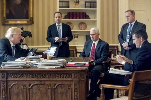 Donald Trump, Reince Priebus, Mike Pence, Sean Spicer, Michael Flynn. mike pence michael flynn