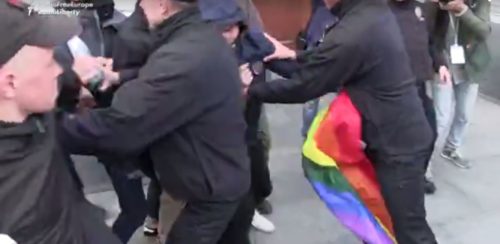 Anti-LGBTQ thugs attack peaceful demonstrators and police officers in Kiev. anti-lgbt attack ukraine