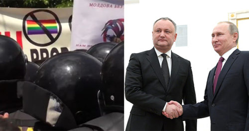 Left: Police remove LGBTQ Pride marchers to avoid confrontation with anti-LGBTQ demonstrators. Right: Moldovan President Igor Dodon shakes hands with Russian President Vladimir Putin. Moldova LGBT