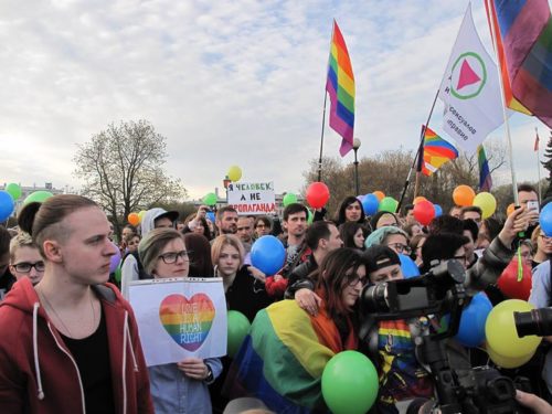 LGBT flashmob in St. Petersburg, Russia to protest the plight of gay men in Chechnya.