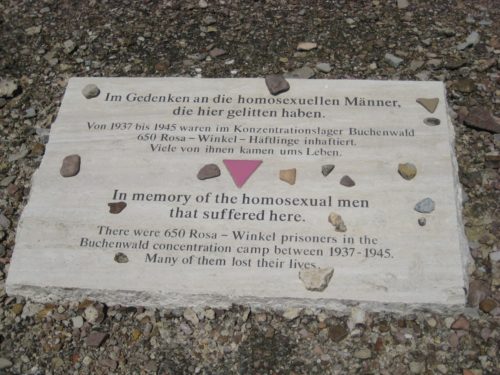 Pink triangle (Rosa Winkel in German) memorial for gay men killed at Buchenwald.