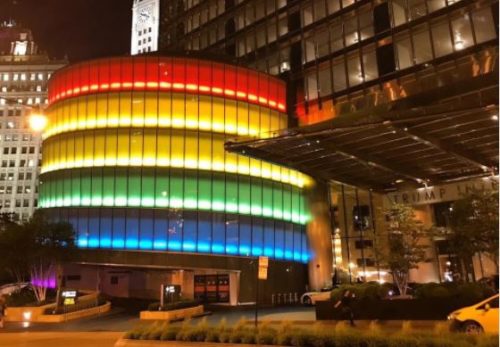 Trump International Hotel & Tower in Chicago was lit up in rainbow colors for one night and one night only. Trump International Hotel Chicago rainbow