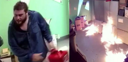 Police are looking for the man at left for setting an LGBT youth center on fire. lgbt youth center fire