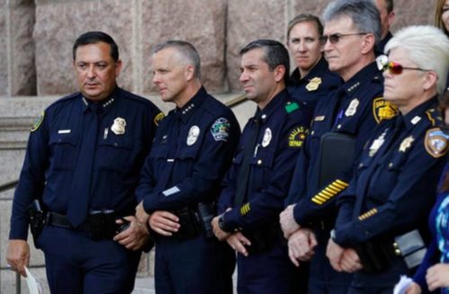 Houston Police Chief Art Acevedo, from left, Austin Police Chief Brian Manley, Dallas Police Major Rueben Ramirez and San Antonio Police Chief William McManus take part in public safety event where they spoke against a proposed "bathroom bill," Tuesday, July 25, 2017, in Austin, Texas. The Texas Senate has revived a bill mandating transgender Texans use public restrooms corresponding to their birth-certificate genders.