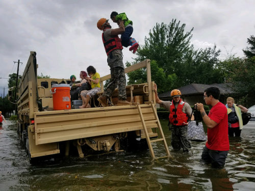 Texas National Guard soldiers arrive in Houston, Texas to aid citizens in heavily flooded areas from the storms of Hurricane Harvey.
