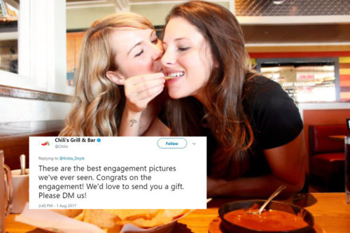 This couple is winning the internet with their engagement photos taken in an unlikely place. chilis lesbian engagement