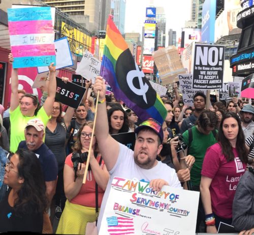 Protestors on July 26, 2017 in Times Square responding to Trump's anti-trans tweets.