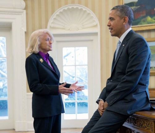 Edie Windsor talks with President Barack Obama in the Oval Office