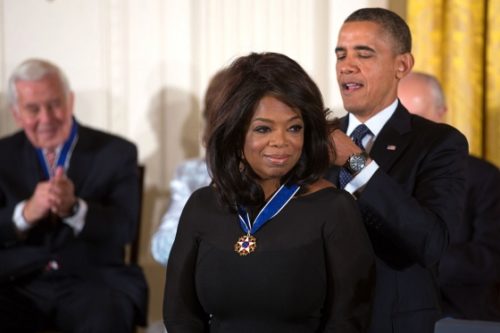 Oprah Winfrey receives the Presidential Medal of Freedom from former president Barack Obama. Oprah Winfrey