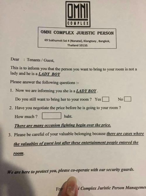 The Omni Complex warning about "ladyboys"