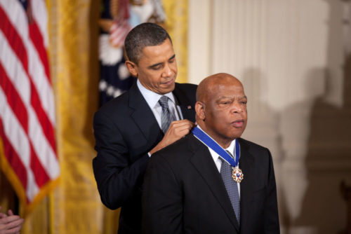 President Barack Obama awards the 2010 Presidential Medal of Freedom to Congressman John Lewis in a ceremony in the East Room of the White House, Feb. 15, 2011.