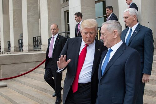 President Donald J. Trump departs from the Pentagon alongside Secretary of Defense James Mattis on Jan. 27, 2017, in Washington, D.C. Donald Trump James Mattis