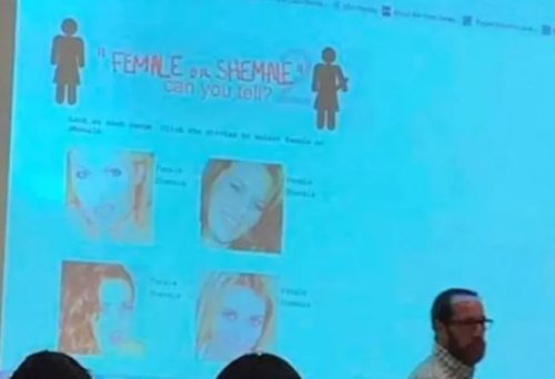 A transphobic slide displayed by SUNY Geneseo professor David Sorbello. transphobic quiz