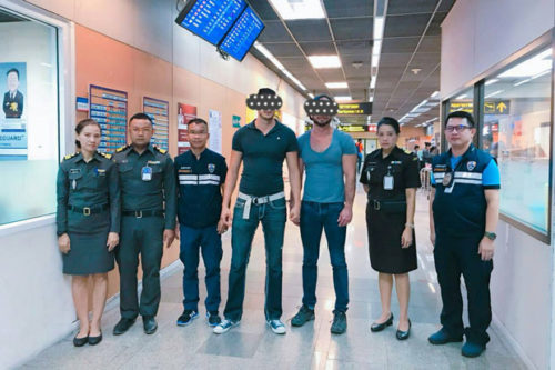 A married American gay couple were arrested after showing their asses at a sacred temple in Thailand.