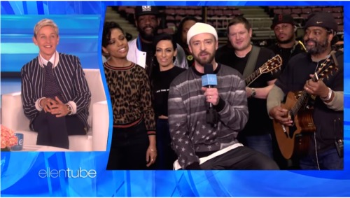 Justin Timberlake takes a break from preparing his Super Bowl halftime show to sing to Ellen DeGeneres on her birthday. ellen degeneres justin timberlake