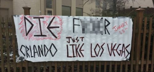 A racist and anti-gay banner hung outside the Unitarian Universalist church in West Lafayette, Indiana.