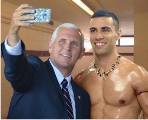 John Lurie's hilarious (but fake) photo of Vice President Mike Pence with Tonga's sexy flag bearer Pita Taufatofua.