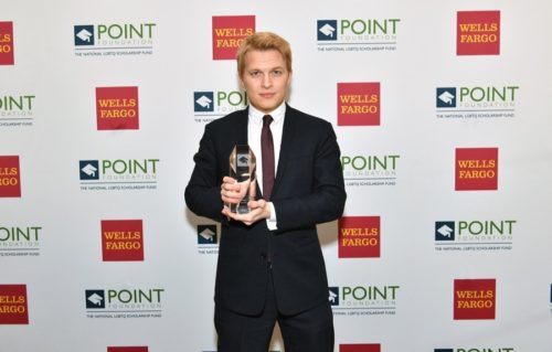 NEW YORK, NY - APRIL 09: Point Courage Award Honoree Journalist Ronan Farrow poses with his award as Point Foundation hosts Annual Point Honors New York Gala Celebrating The Accomplishments Of LGBTQ Students at The Plaza Hotel on April 9, 2018 in New York City.